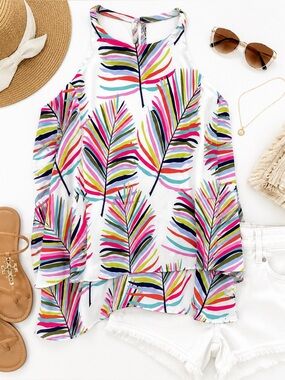 Crosby Mollie Burch Tropical Palm Halter Tank Top Resort Small